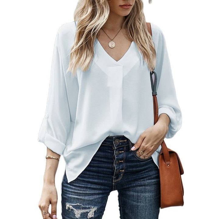 Winifred | Women's V-Neck Long Sleeve Blouse - Navy - Image 5