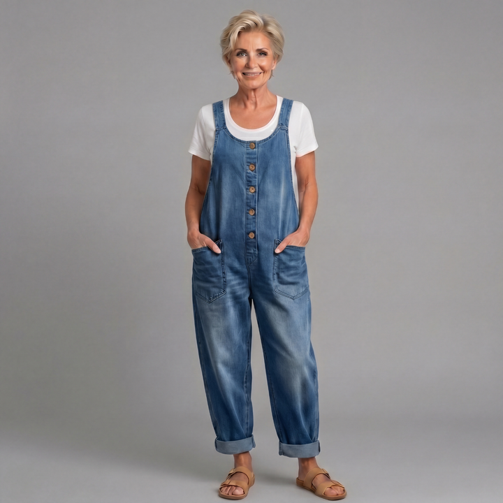 Winifred | Women's Wide Leg Button Front Overalls - Blue - Image 1