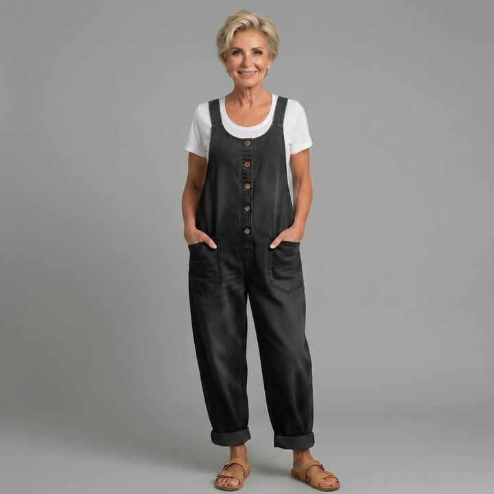 Winifred | Women's Wide Leg Button Front Overalls - Blue - Image 2