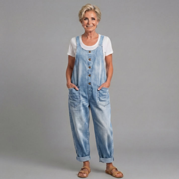 Winifred | Women's Wide Leg Button Front Overalls - Blue - Image 3