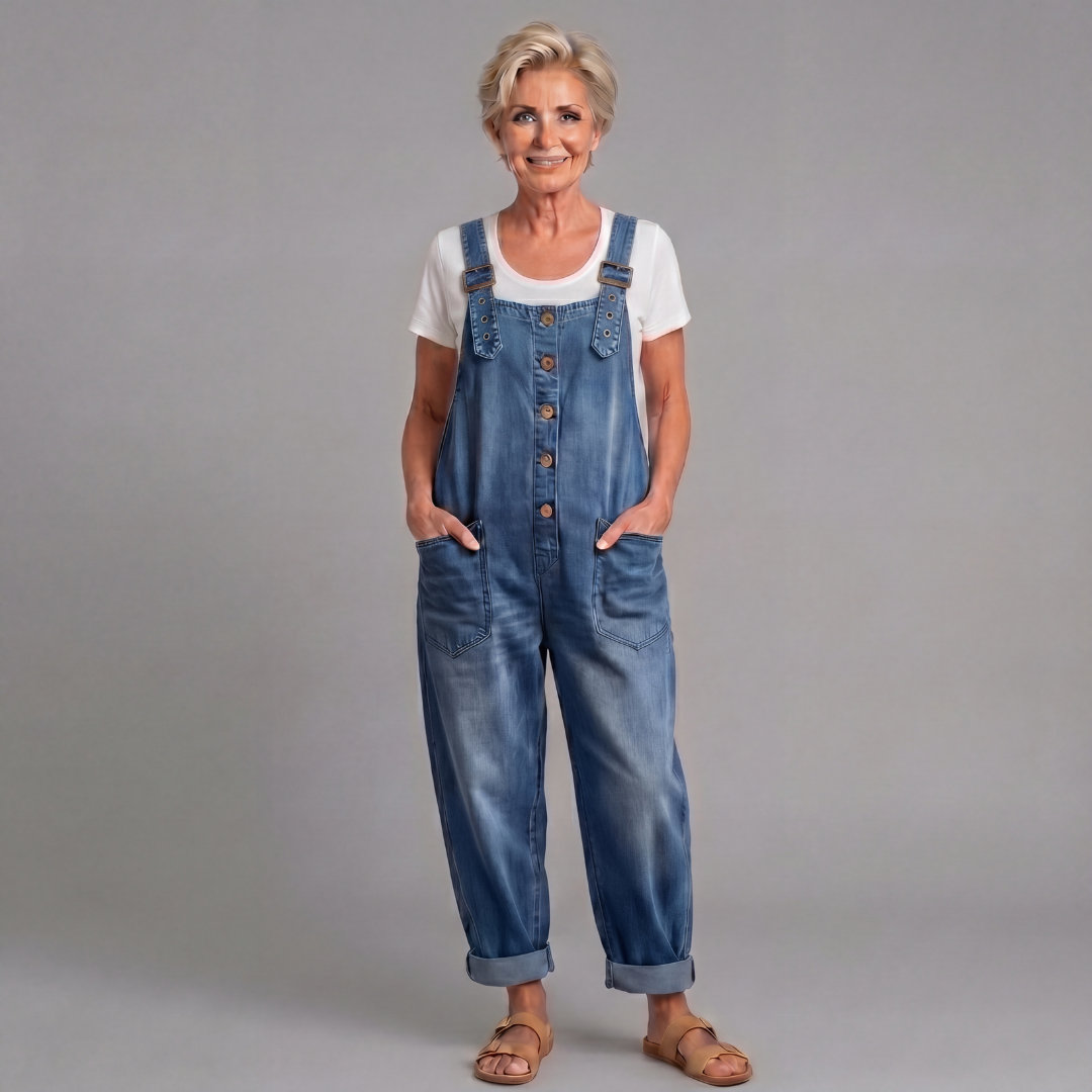 Winifred | Women's Wide Leg Button Front Overalls - Blue - Image 4