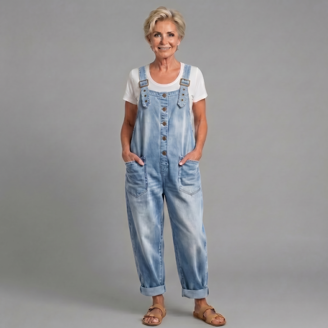 Winifred | Women's Wide Leg Button Front Overalls - Blue - Image 6