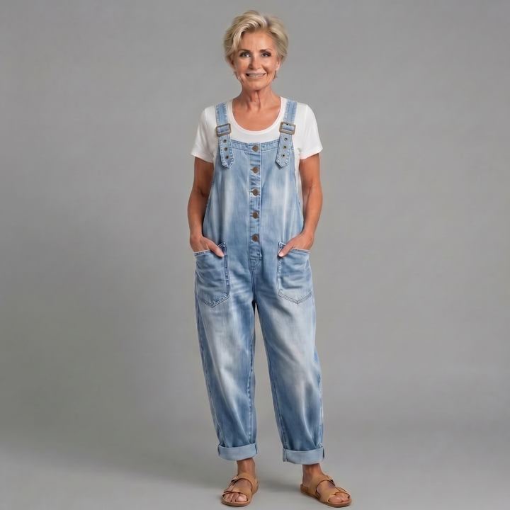 Winifred | Women's Wide Leg Button Front Overalls - Blue - Image 6