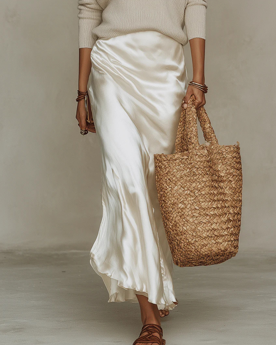 Ximena | Women's V-Neck Sweater Two Piece Midi Set - Beige - Image 2