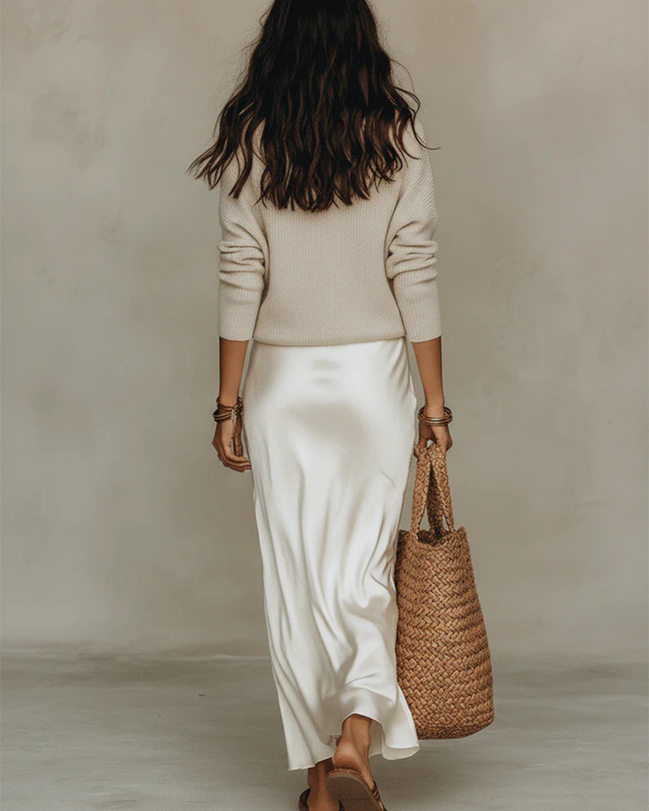 Ximena | Women's V-Neck Sweater Two Piece Midi Set - Beige - Image 3
