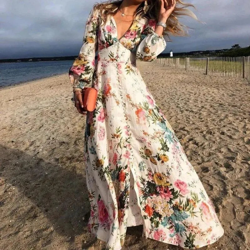 Zara | Women's Floral V-Neck Long Sleeve Maxi Dress - Floral - Image 1
