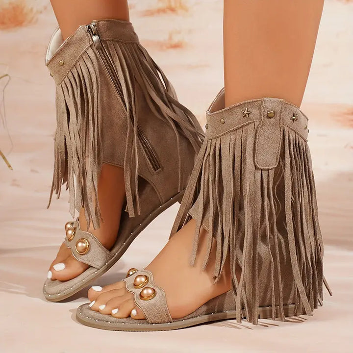 Zara | Women's Fringe Ankle Sandals with Zipper - Black - Image 7