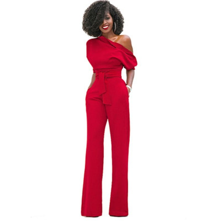 Zara | Women's Off Shoulder Wide Leg Jumpsuit - Red - Image 1