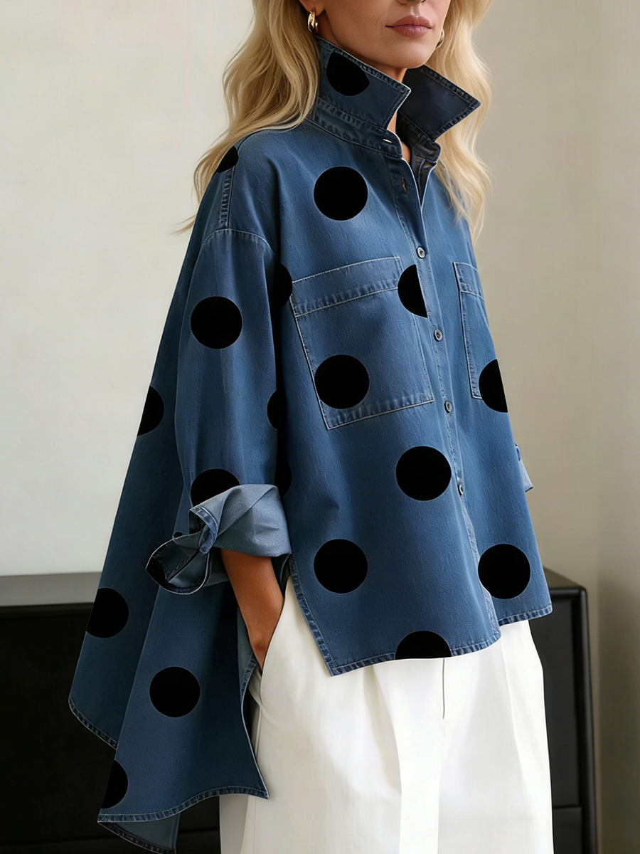 Zara | Women's Polka Dot Long Sleeve Shirt - Blue - Image 1