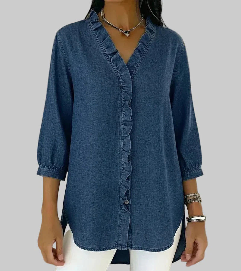 Zara | Women's Ruffle V-Neck 3/4 Sleeve Blouse - Blue - Image 1