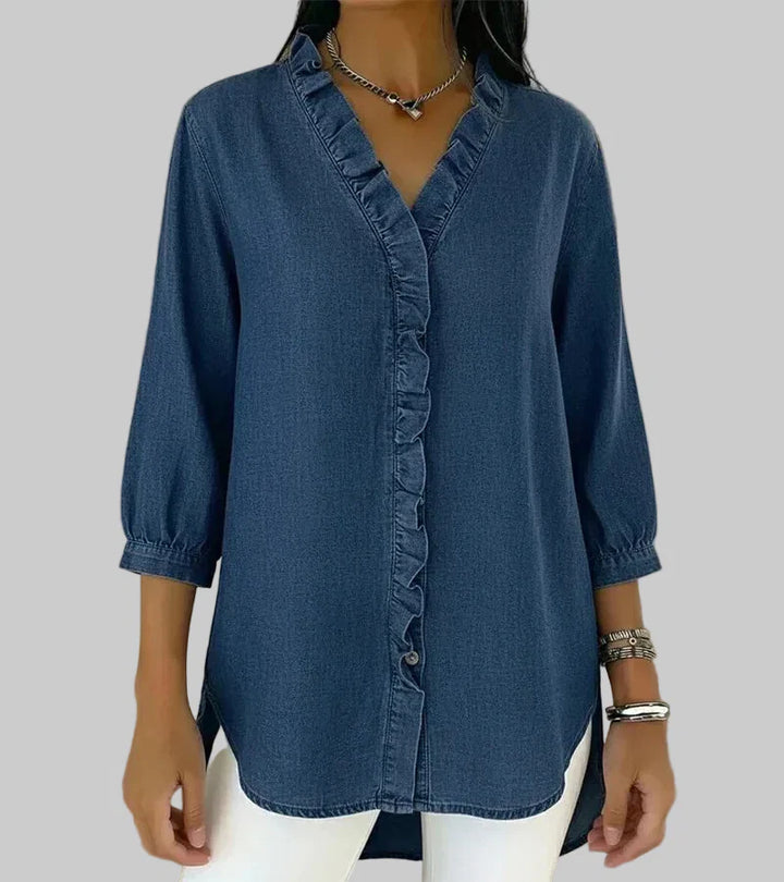 Zara | Women's Ruffle V-Neck 3/4 Sleeve Blouse - Blue - Image 1
