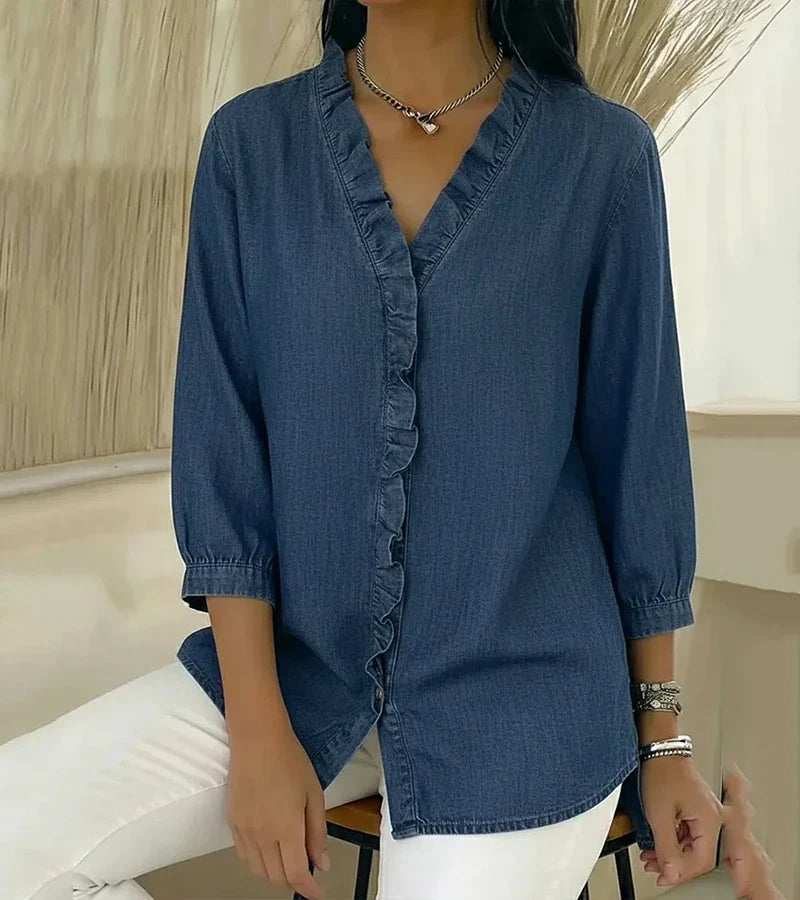 Zara | Women's Ruffle V-Neck 3/4 Sleeve Blouse - Blue - Image 3