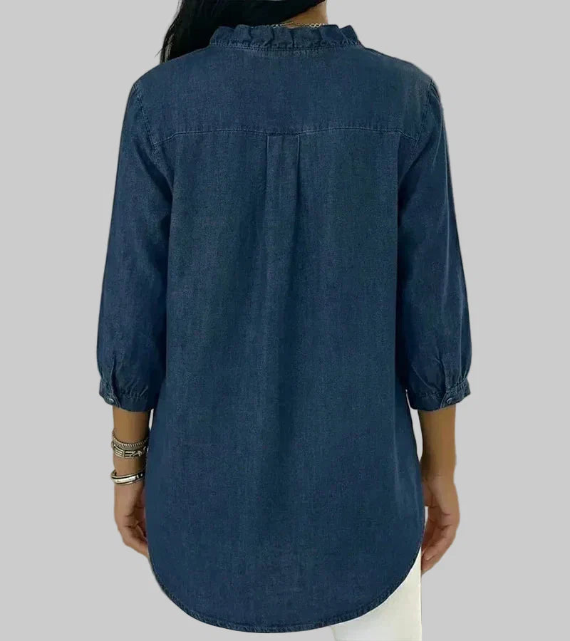 Zara | Women's Ruffle V-Neck 3/4 Sleeve Blouse - Blue - Image 4