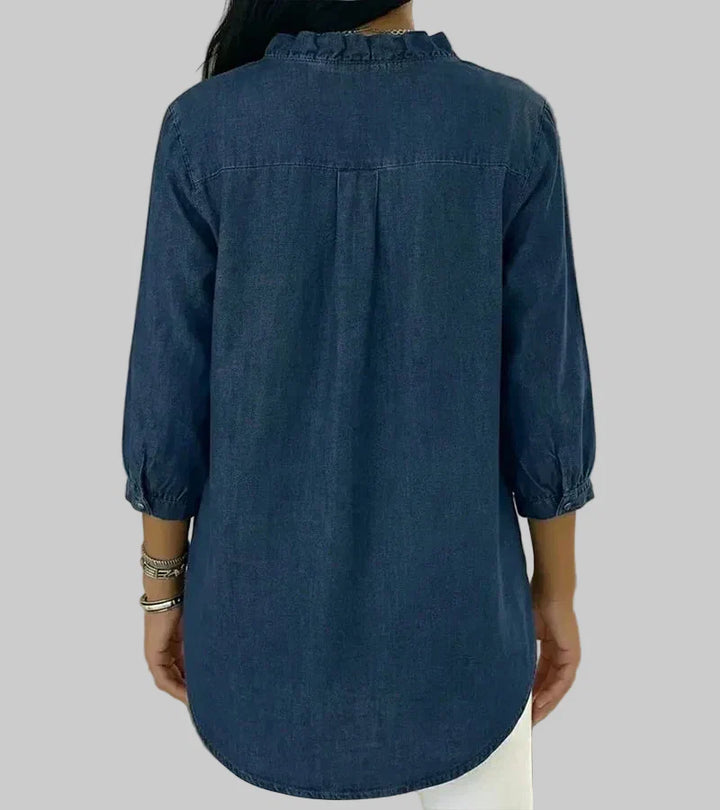 Zara | Women's Ruffle V-Neck 3/4 Sleeve Blouse - Blue - Image 4