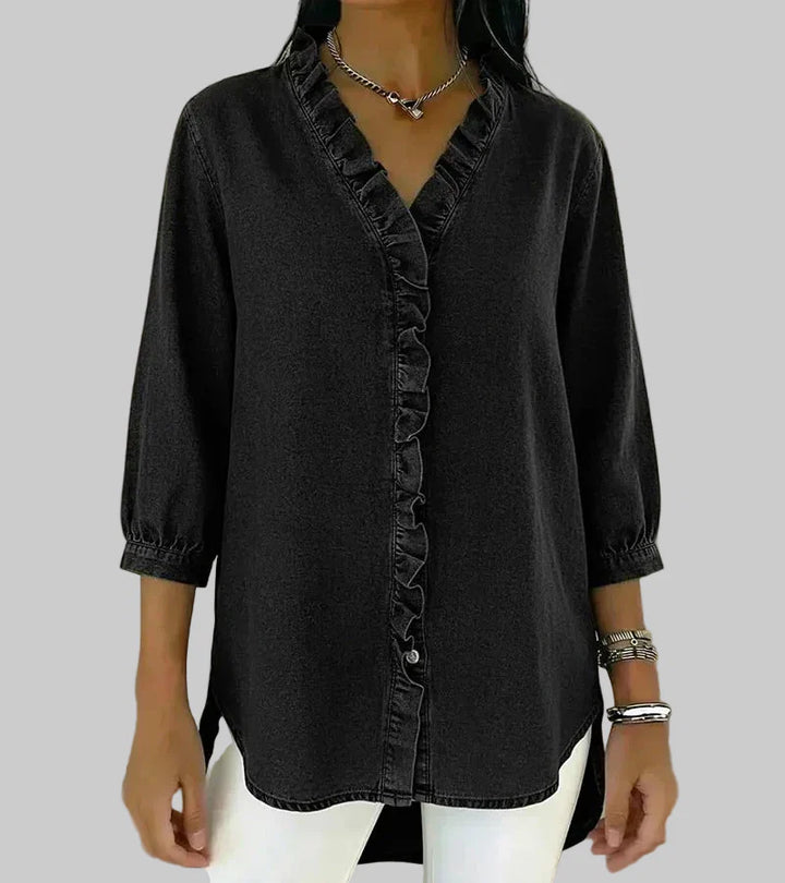 Zara | Women's Ruffle V-Neck 3/4 Sleeve Blouse - Blue - Image 5