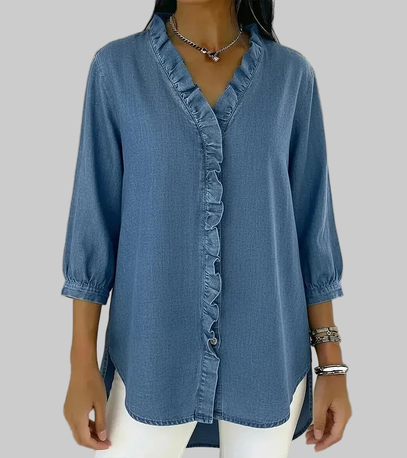 Zara | Women's Ruffle V-Neck 3/4 Sleeve Blouse - Blue - Image 6
