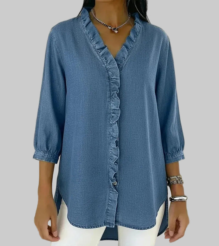 Zara | Women's Ruffle V-Neck 3/4 Sleeve Blouse - Blue - Image 6