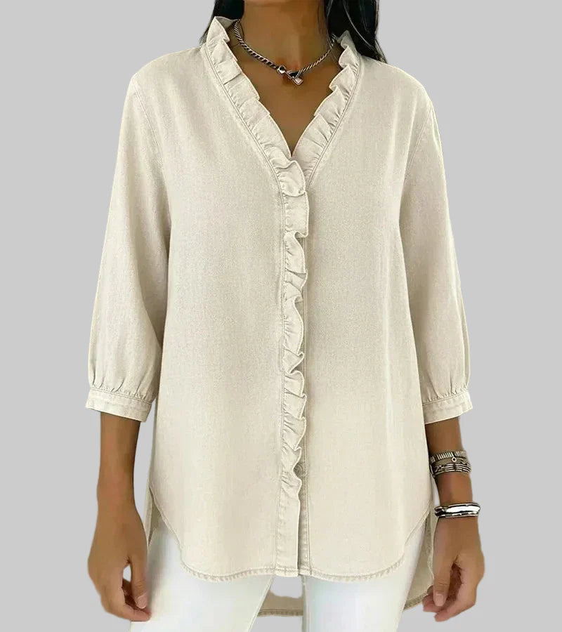 Zara | Women's Ruffle V-Neck 3/4 Sleeve Blouse - Blue - Image 7