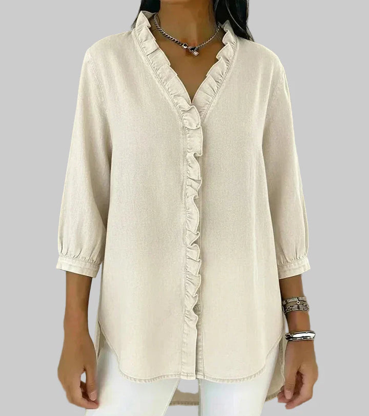 Zara | Women's Ruffle V-Neck 3/4 Sleeve Blouse - Blue - Image 7