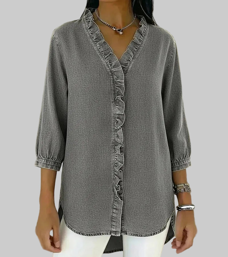 Zara | Women's Ruffle V-Neck 3/4 Sleeve Blouse - Blue - Image 8