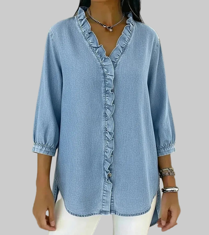 Zara | Women's Ruffle V-Neck 3/4 Sleeve Blouse - Blue - Image 9