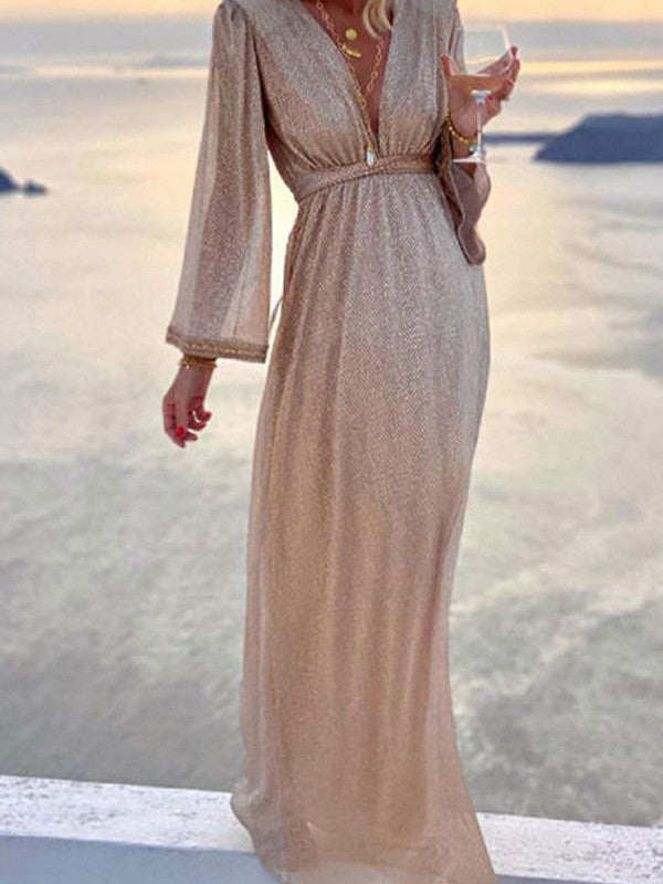 Zara | Women's V-Neck Long Sleeve Wrap Maxi Dress - Champagne - Image 1