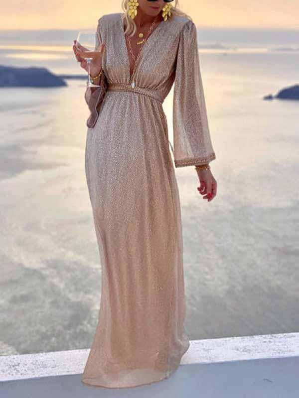 Zara | Women's V-Neck Long Sleeve Wrap Maxi Dress - Champagne - Image 6