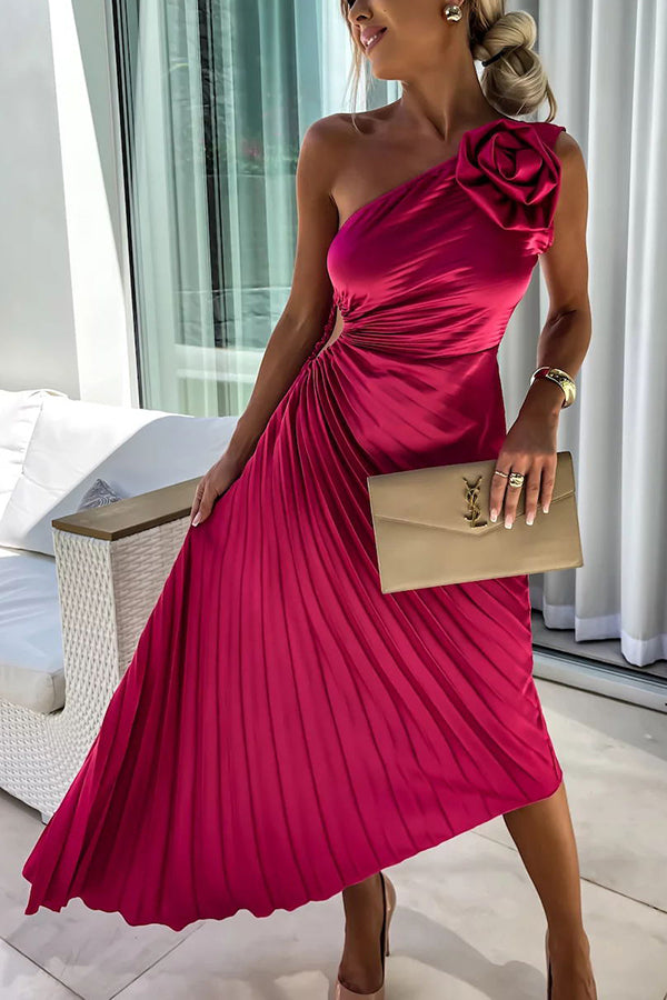 Zaria | Women's One Shoulder Pleated Midi Wedding Guest Dress - Hot Pink - Image 1