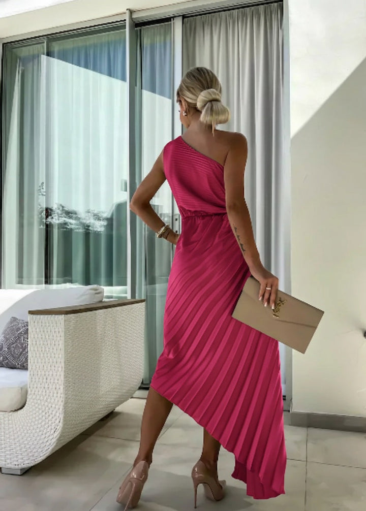 Zaria | Women's One Shoulder Pleated Midi Wedding Guest Dress - Hot Pink - Image 2