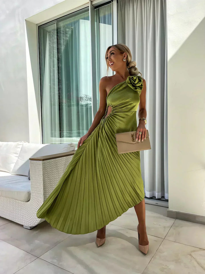Zaria | Women's One Shoulder Pleated Midi Wedding Guest Dress - Hot Pink - Image 3