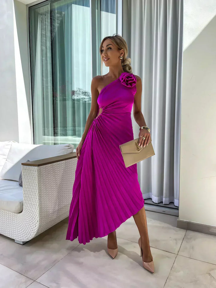 Zaria | Women's One Shoulder Pleated Midi Wedding Guest Dress - Hot Pink - Image 7