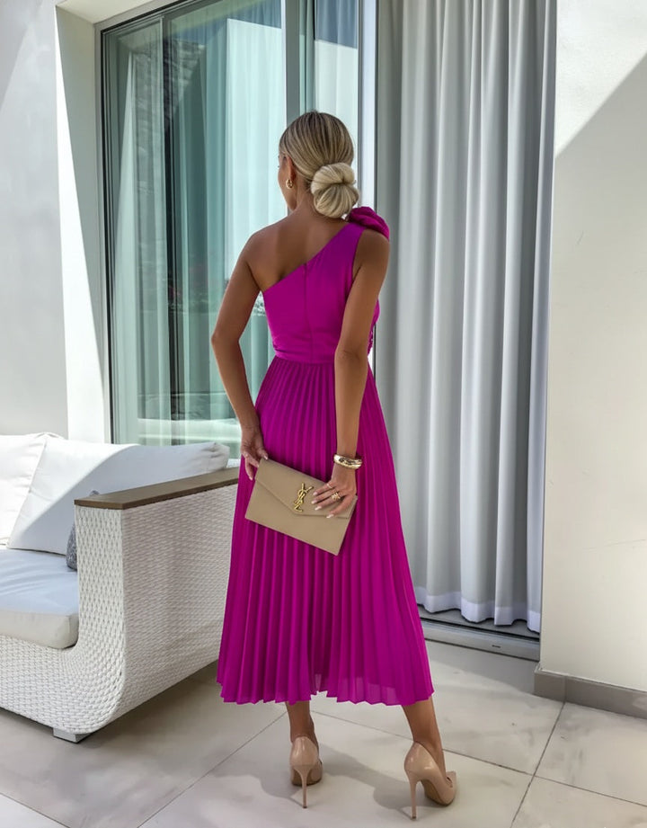 Zaria | Women's One Shoulder Pleated Midi Wedding Guest Dress - Hot Pink - Image 8