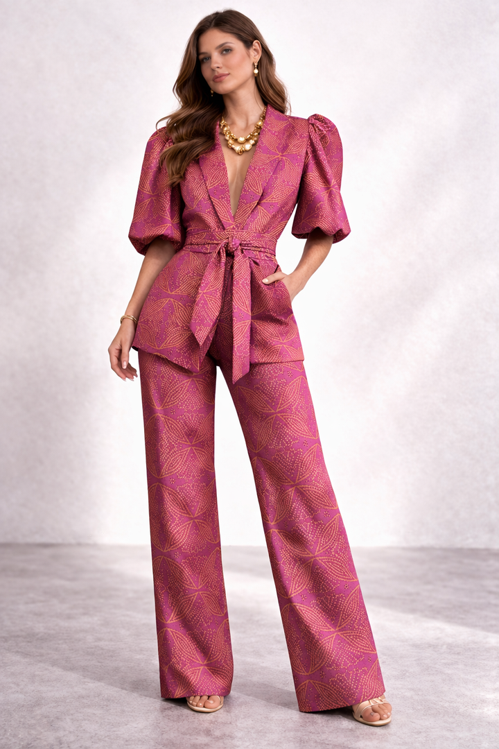 Zella | Women's Puff Sleeve Wide Leg Pants Two Piece Set - Teal - Image 2