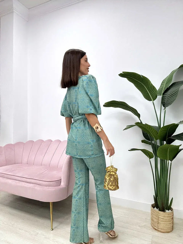 Zella | Women's Puff Sleeve Wide Leg Pants Two Piece Set - Teal - Image 5