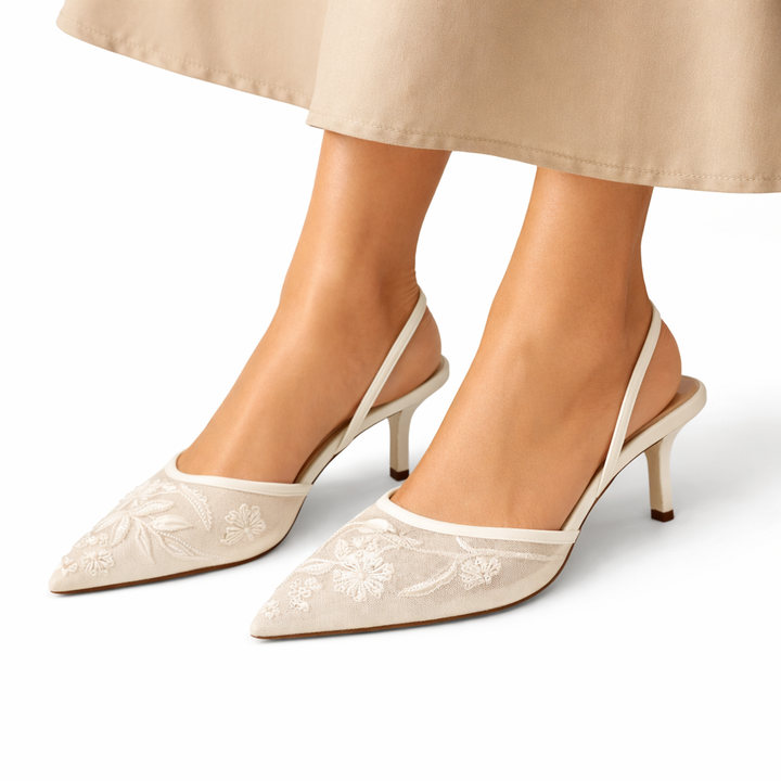 Zephyr | Women's Embroidered Slingback Kitten Heel - Champagne - Image 1