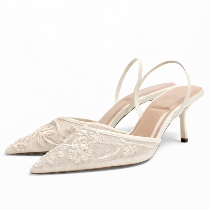 Zephyr | Women's Embroidered Slingback Kitten Heel - Champagne - Image 2