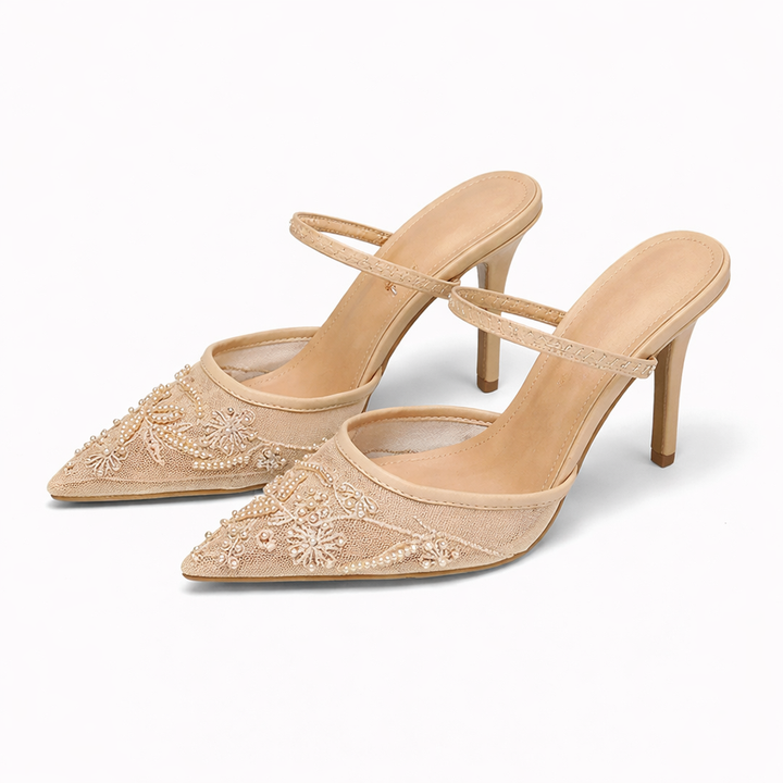 Zephyr | Women's Embroidered Slingback Kitten Heel - Champagne - Image 7