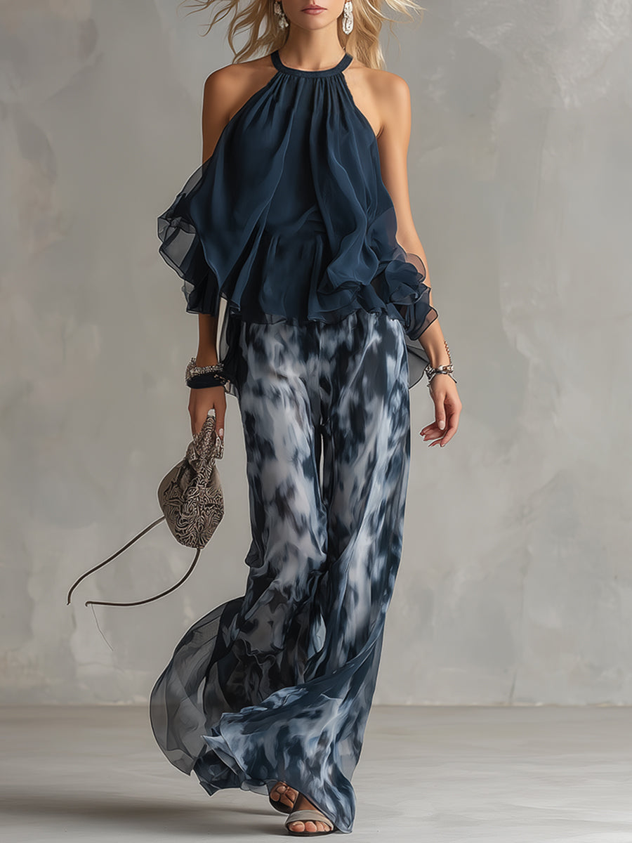 Zephyra | Women's Halter Wide Leg Two Piece Set - Navy - Image 1