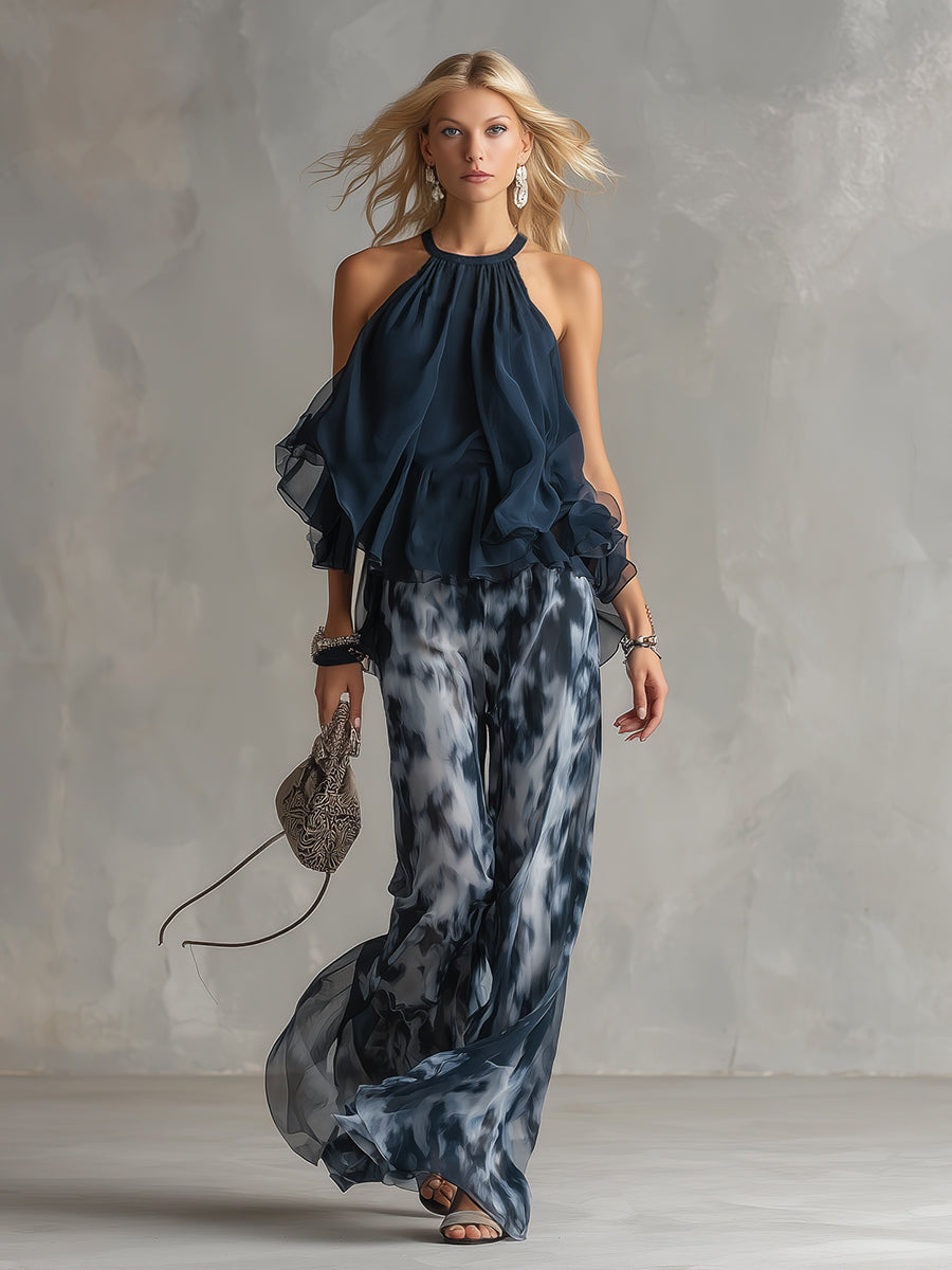 Zephyra | Women's Halter Wide Leg Two Piece Set - Navy - Image 2