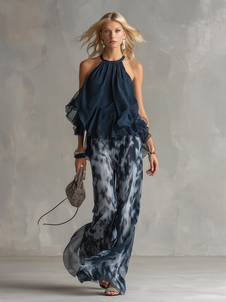 Zephyra | Women's Halter Wide Leg Two Piece Set - Navy - Image 2