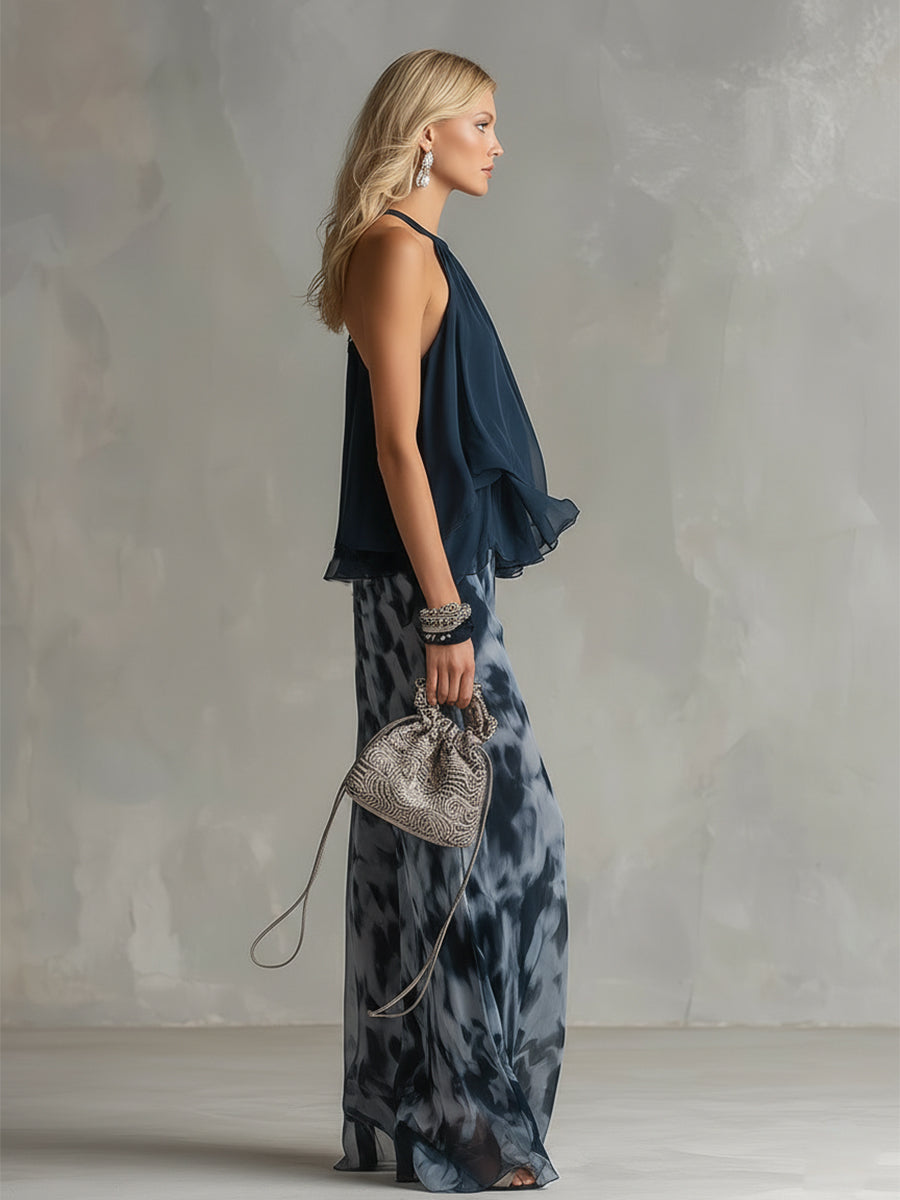 Zephyra | Women's Halter Wide Leg Two Piece Set - Navy - Image 3
