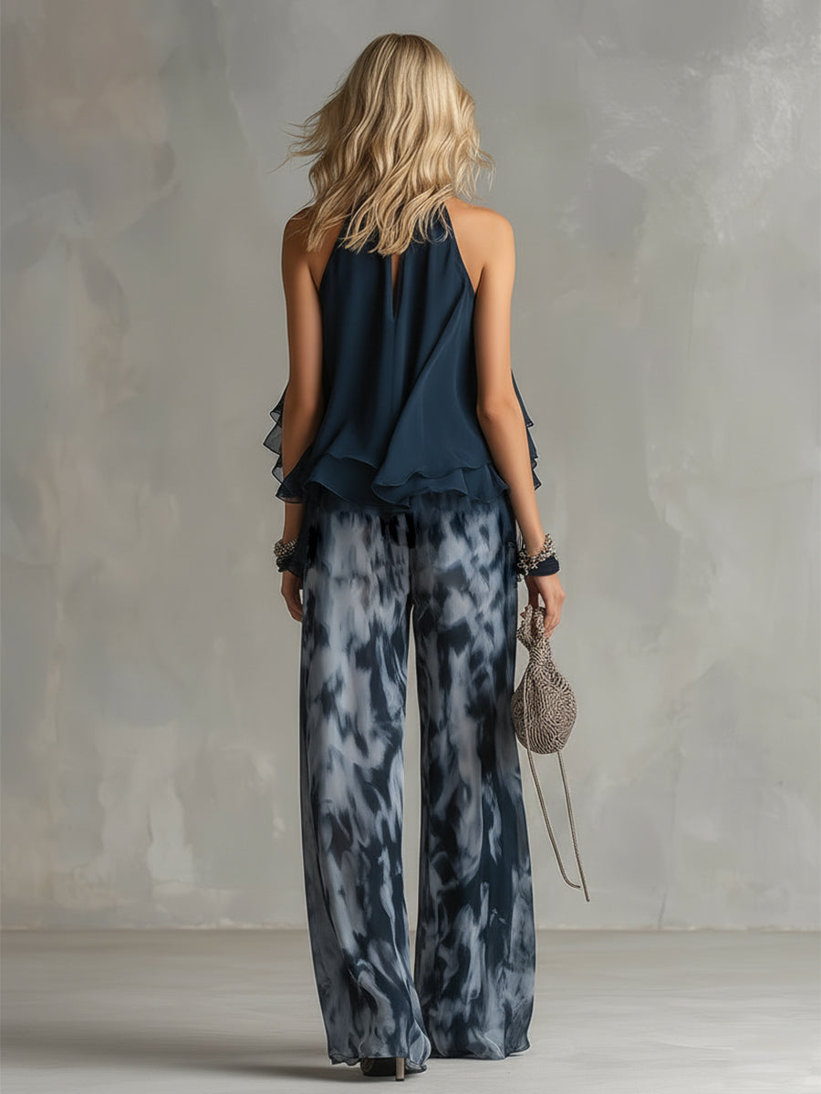 Zephyra | Women's Halter Wide Leg Two Piece Set - Navy - Image 4