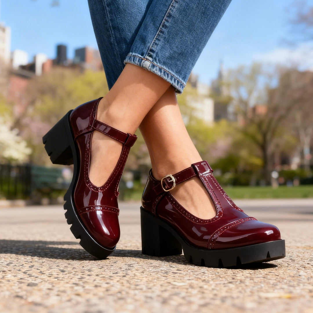 Zephyrine | Women's T-Strap Brogue Block Heel Mary Jane - Burgundy - Image 1