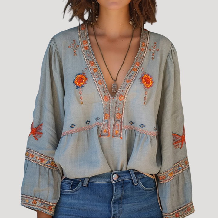 Zinnia | Women's Embroidered V-Neck Long Sleeve Blouse - Beige - Image 1