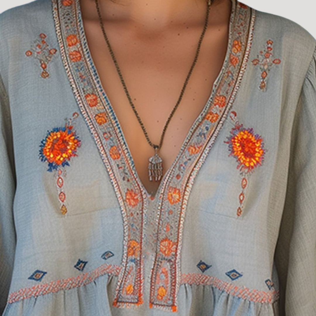 Zinnia | Women's Embroidered V-Neck Long Sleeve Blouse - Beige - Image 2