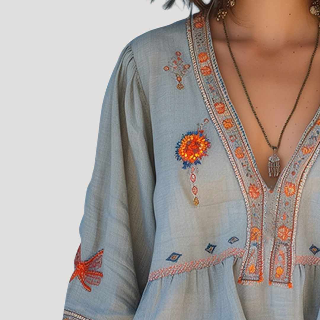 Zinnia | Women's Embroidered V-Neck Long Sleeve Blouse - Beige - Image 3