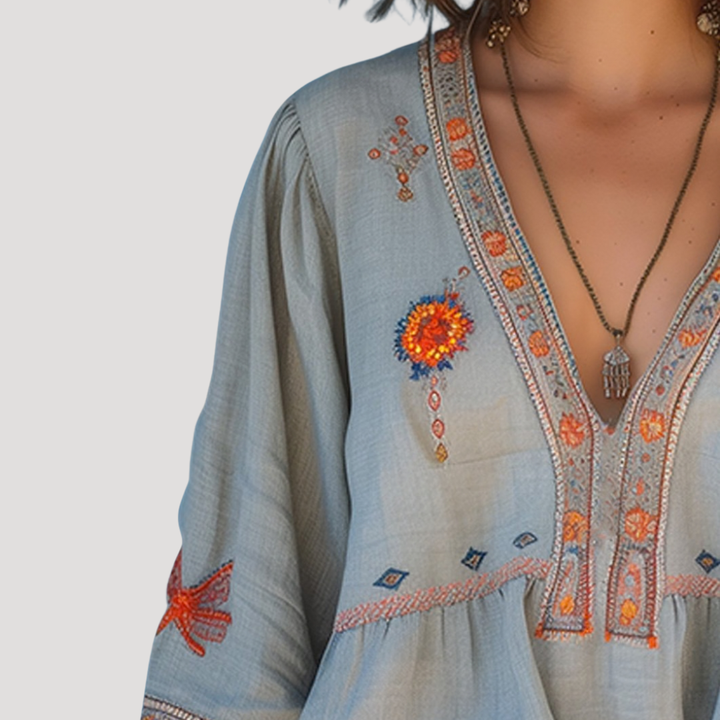 Zinnia | Women's Embroidered V-Neck Long Sleeve Blouse - Beige - Image 3