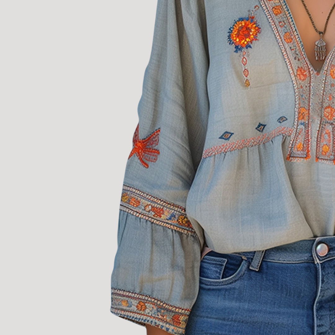 Zinnia | Women's Embroidered V-Neck Long Sleeve Blouse - Beige - Image 4