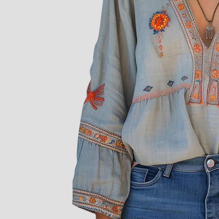 Zinnia | Women's Embroidered V-Neck Long Sleeve Blouse - Beige - Image 4