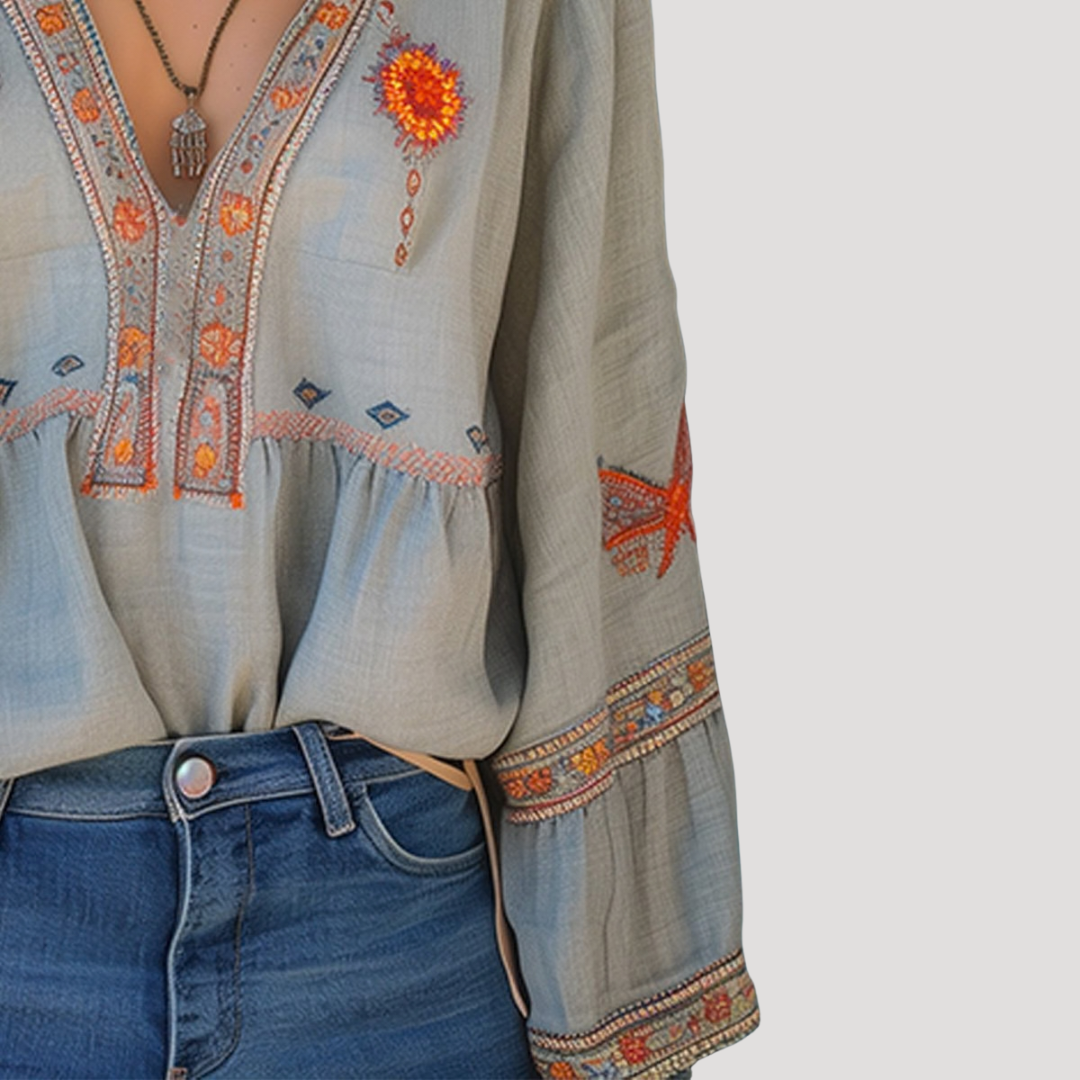 Zinnia | Women's Embroidered V-Neck Long Sleeve Blouse - Beige - Image 5